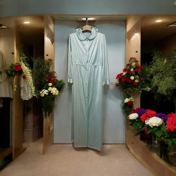Exquisite Luxury Vintage Nylon Antron Robe Full Length Mint Green Lace 60's ERA - Picture 2 of 8